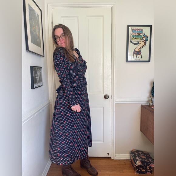 70s Vintage Straberry And Swiss Dot Long Sleeve Prairie Dress with Peplum Waist - Picture 2 of 12